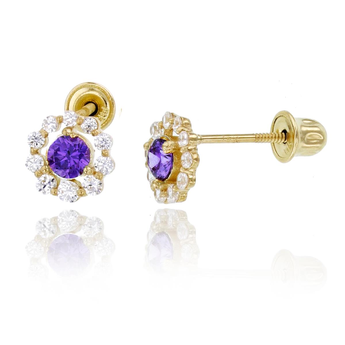14K Yellow Gold Rnd White & Amethyst CZ Halo Studs with Screw Backs