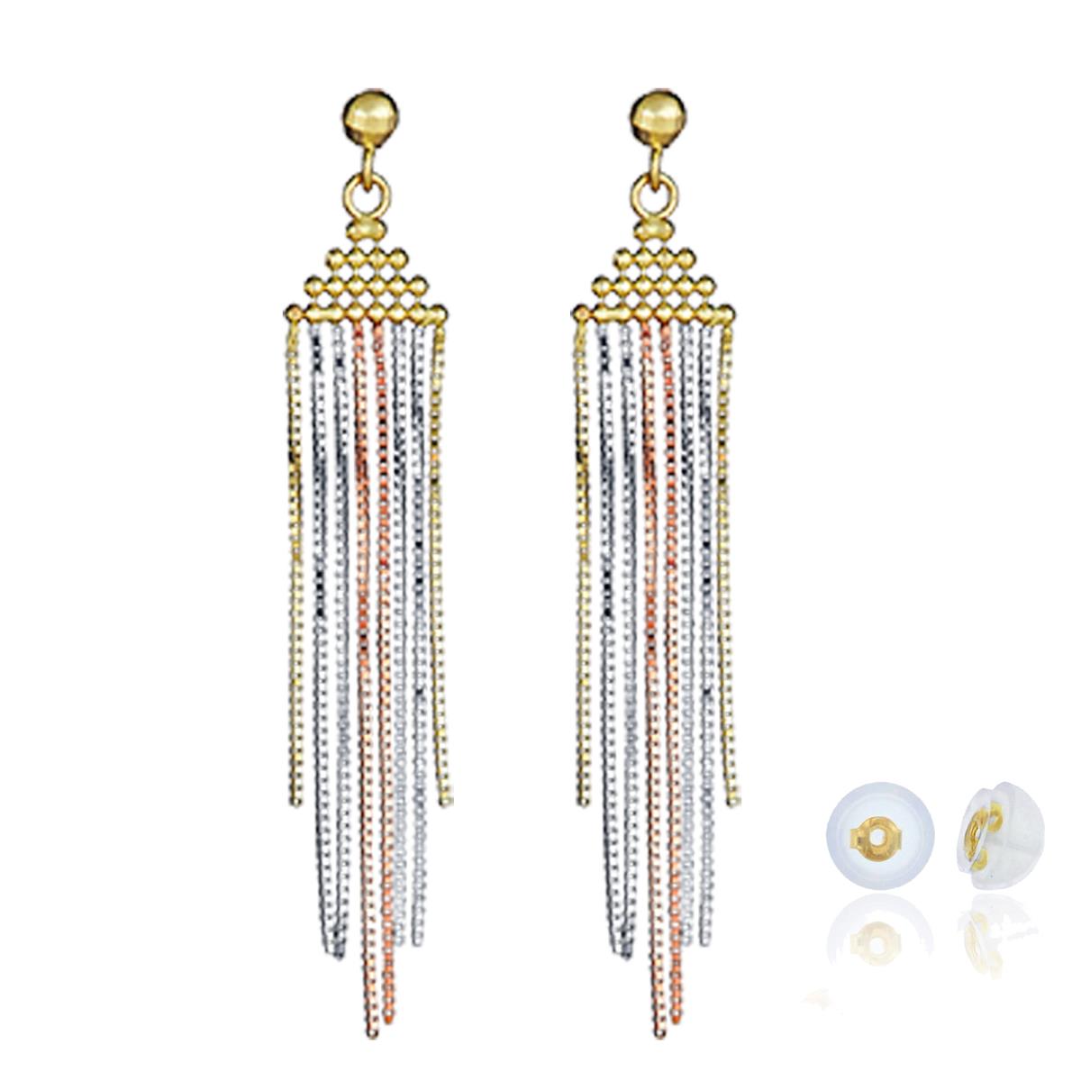 14K Tri-color Gold Beaded Chain Tassel Dangling Earring with Silicone Back