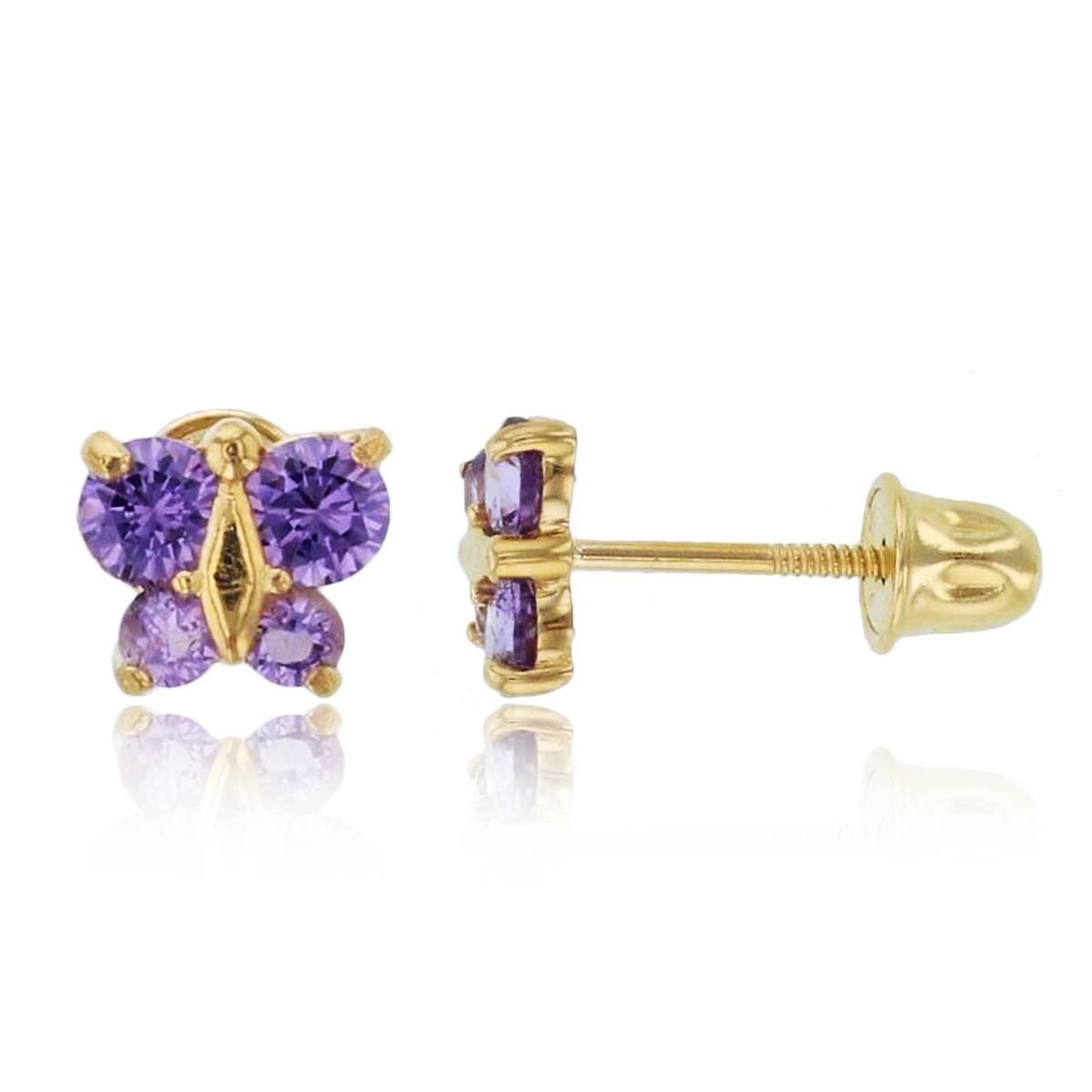 14K Yellow Gold Rnd Amethyst CZ Butterfly Studs with Screw Backs