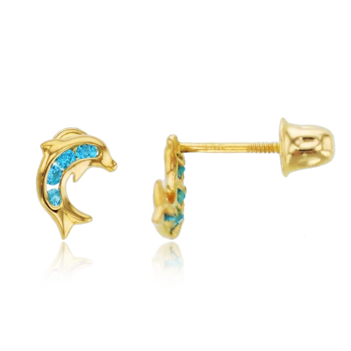 14K Yellow Gold Rnd Swiss Blue Topaz CZ Dolphin Studs with Screw Backs