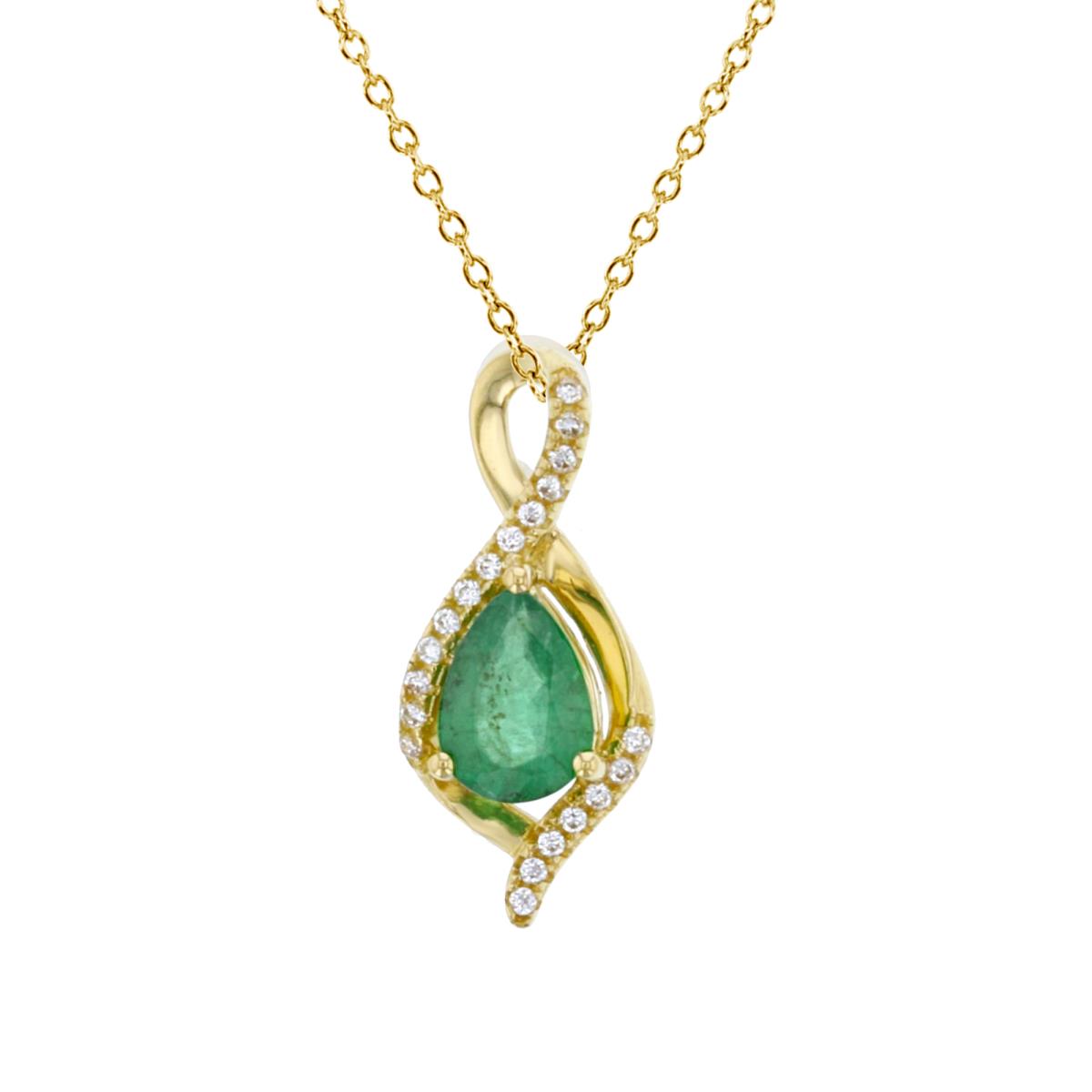 14K Yellow Gold 0.09cttw Rnd Diamonds & 7X5  mm Pear Emerald 18"Necklace