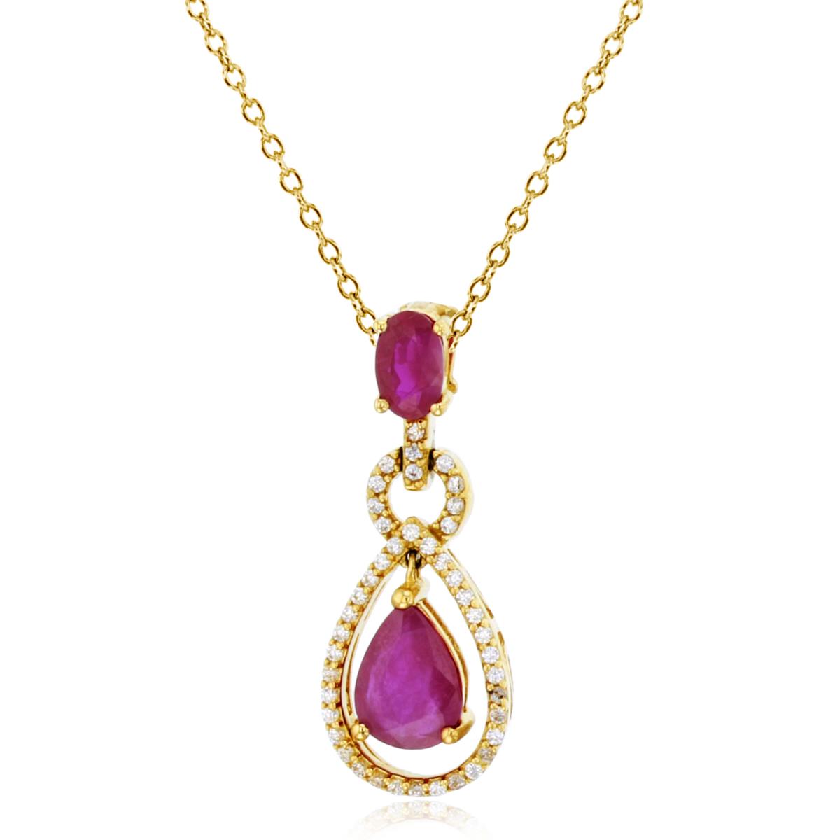 14K Yellow Gold 0.13cttw Rnd Diamonds & 7x5mm PS /5x3mm Ov Ruby  16"+1"+1"Necklace