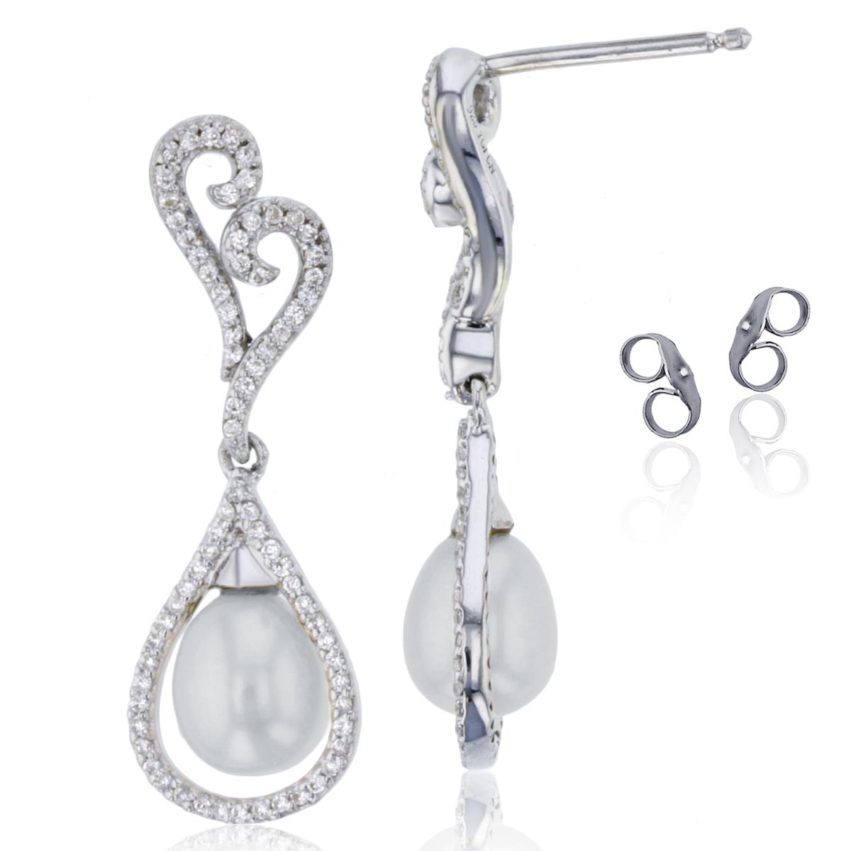 Sterling Silver Rhodium 0.31 CTTW Rnd Diamonds & 8x6mm TD White Pearl Dangling Earring
