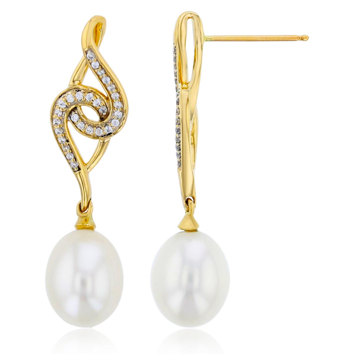 14K Yellow Gold 1/4 ctw  Diamond  & 10X8 mm TD White Pearl Drop Dangling Earrings