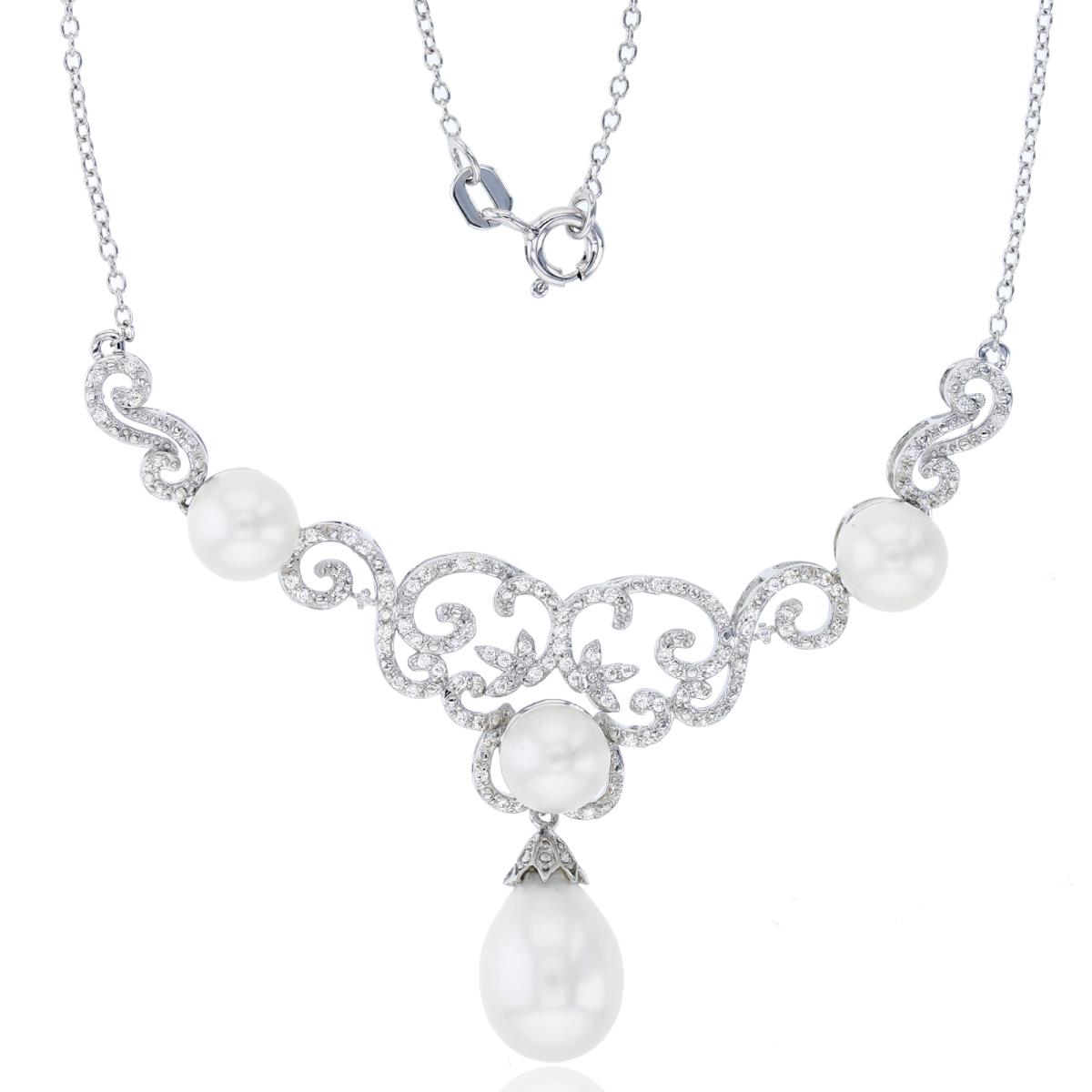 Sterling Silver Rhodium 0.5 CTTW Rnd Diamonds & TD/Rnd White Pearl Vintage 18"Necklace