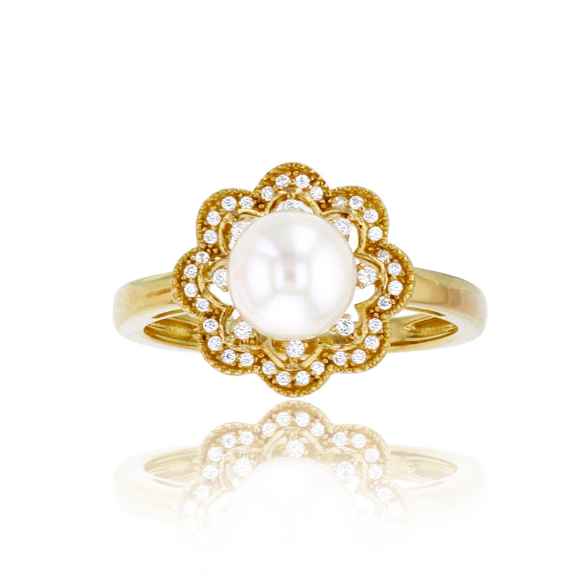 14K Yellow Gold 0.11cttw Rnd Diamonds & 7mm Rnd Pearl Millgrain Flower Ring