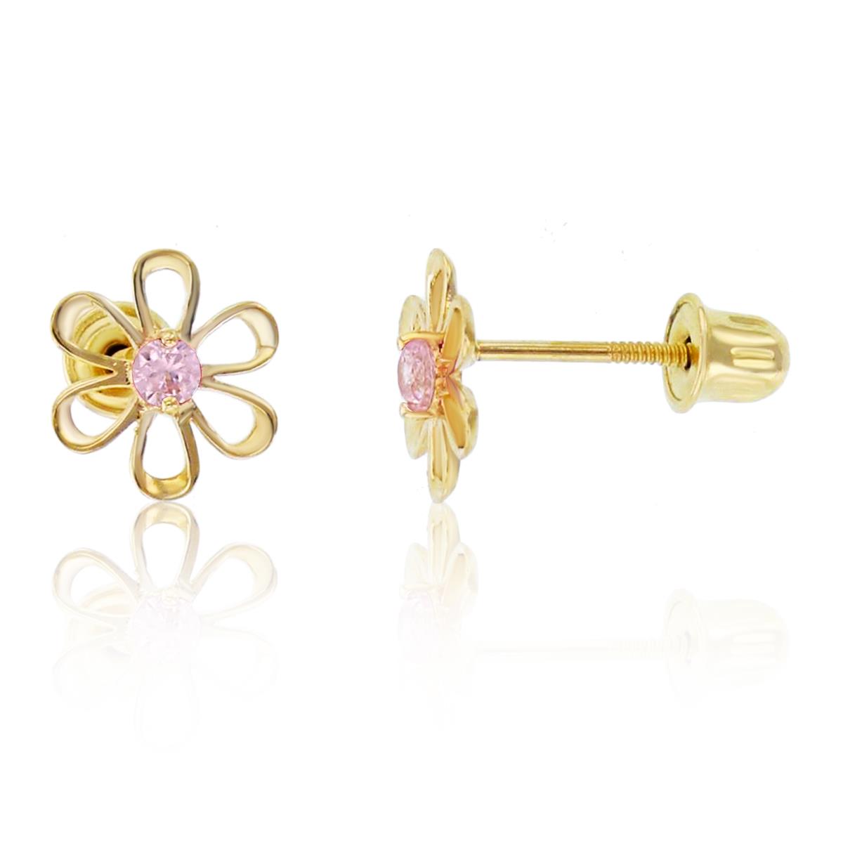14K Yellow Gold Rnd Pink CZ Open Daisy Flower Studs with Screw Backs