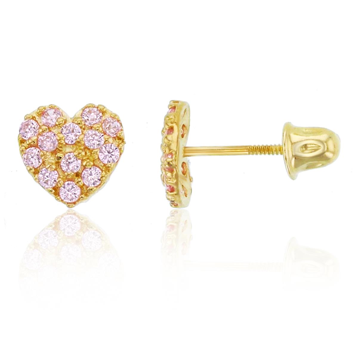 14K Yellow Gold Rnd Pink CZ Puffy Heart Studs with Screw Backs