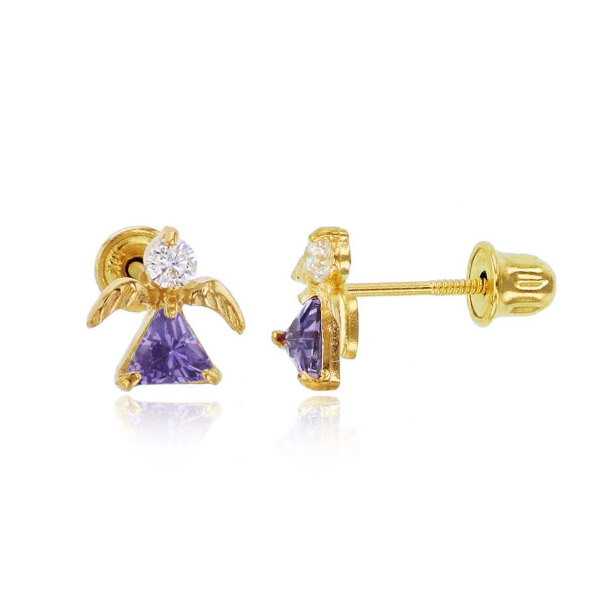 14K Yellow Gold Rnd White & Trill Amethyst CZ Little Angel Studs with Screw Backs