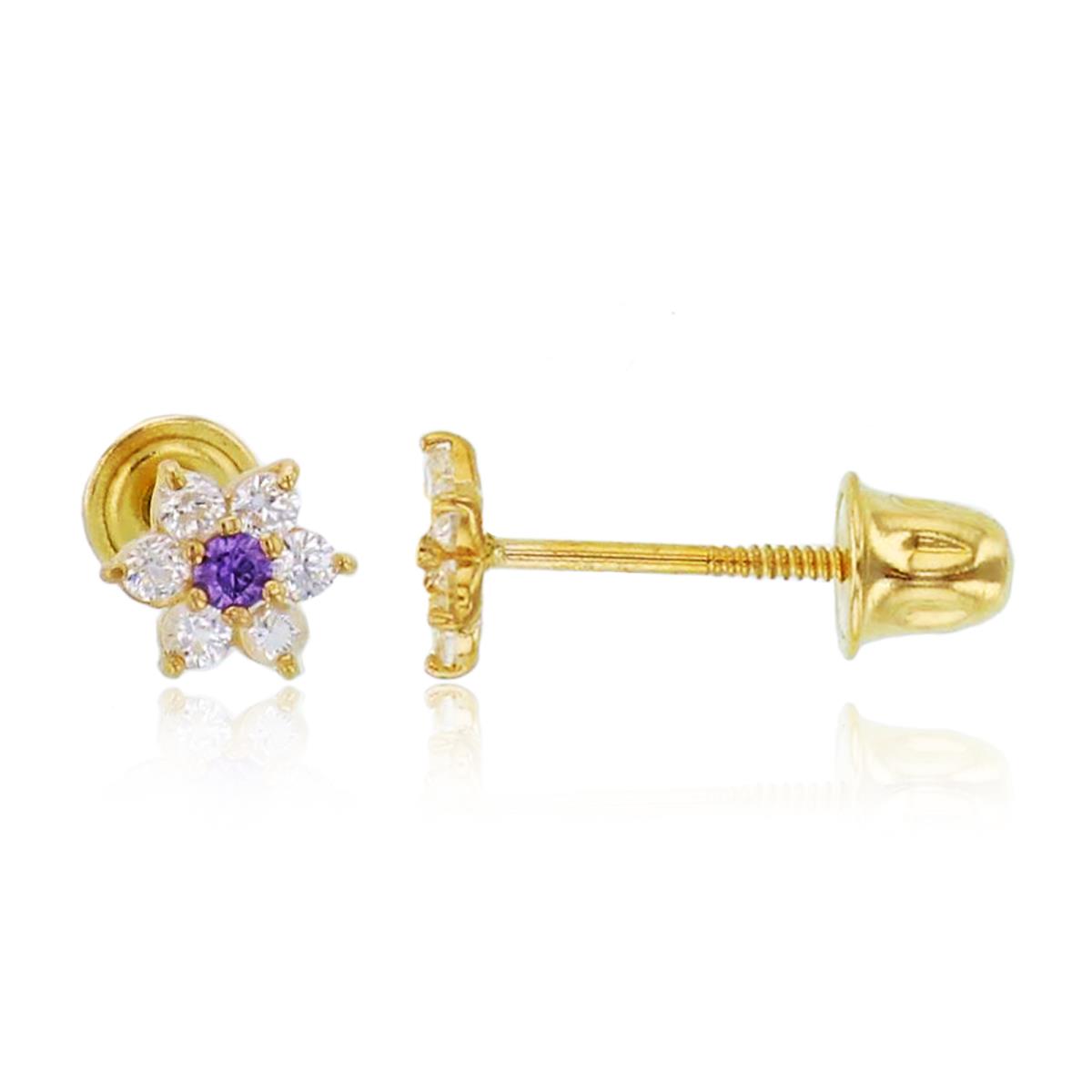 14K Yellow Gold Rnd White & Amethyst CZ Small Flower Studs with Screw Backs