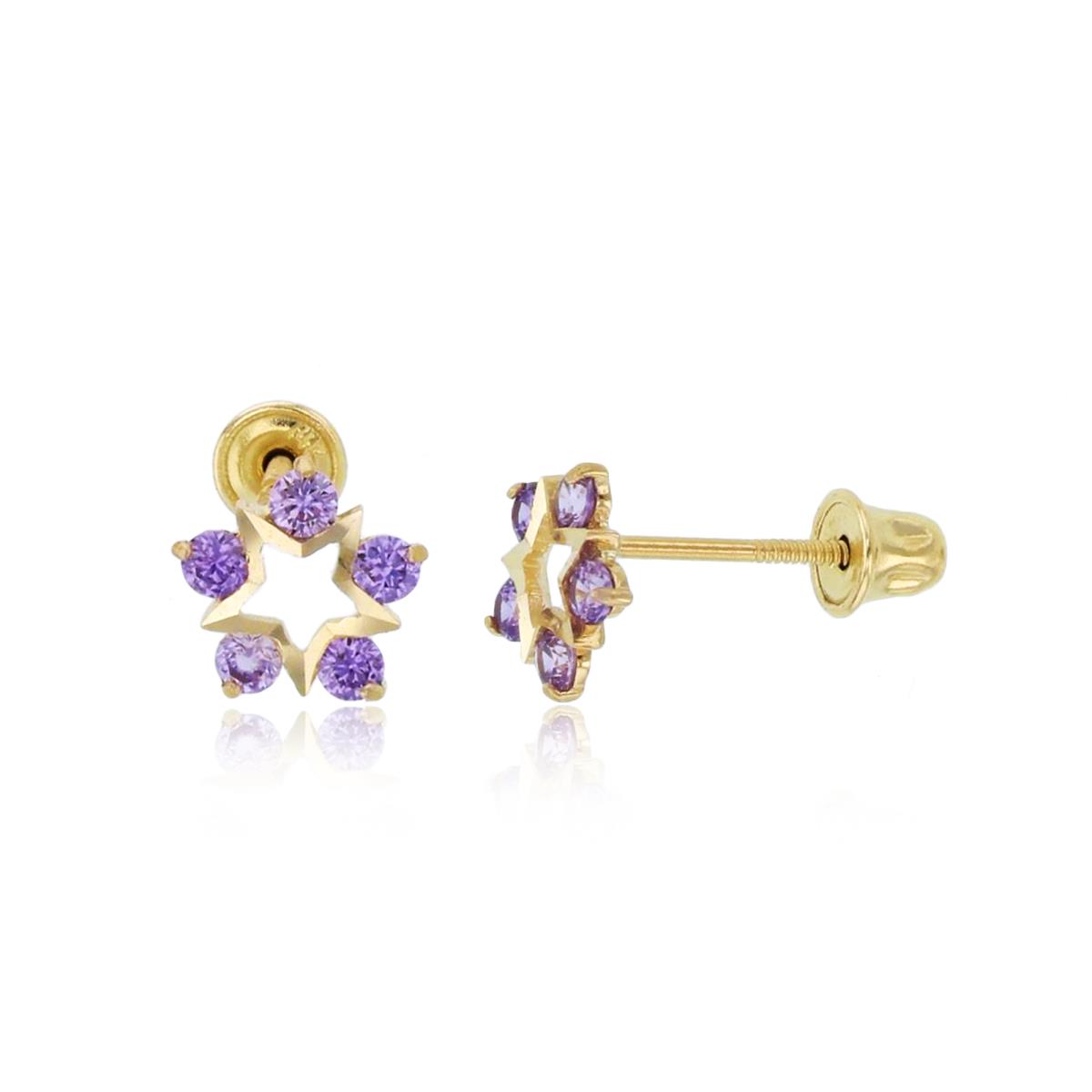 14K Yellow Gold Rnd Amethyst CZ Open Star Studs with Screw Backs