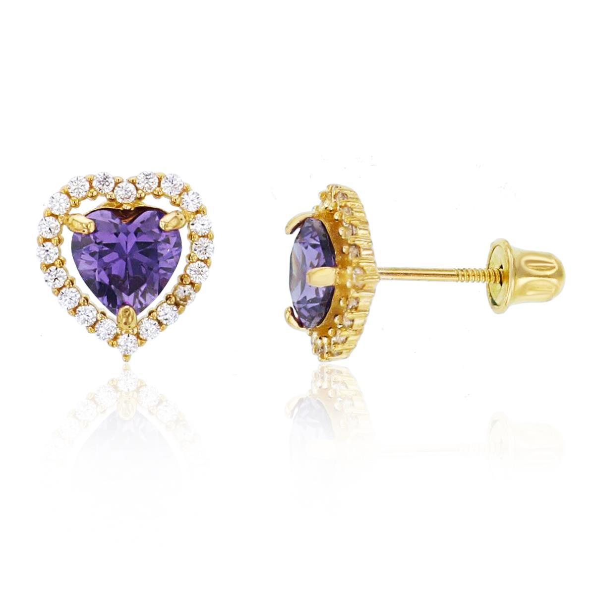 14K Yellow Gold 5mm HS Amethyst CZ & Rnd White CZ Halo Heart Studs with Screw Backs
