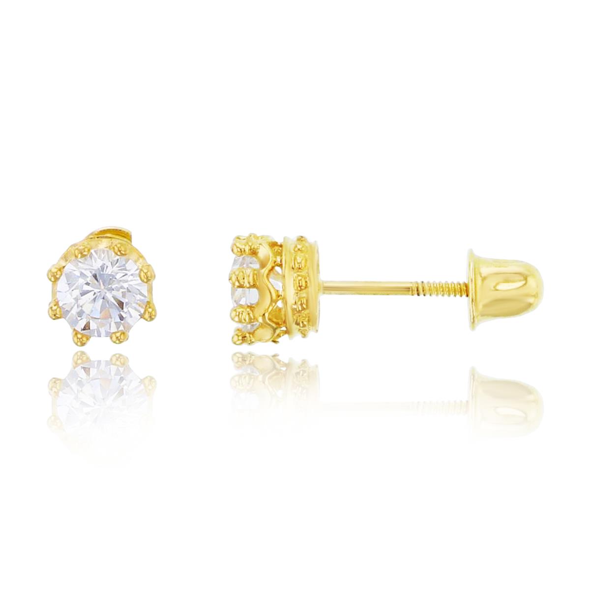 14K Yellow Gold 4mm Round Cut Crown Setting Screwback Stud Earring