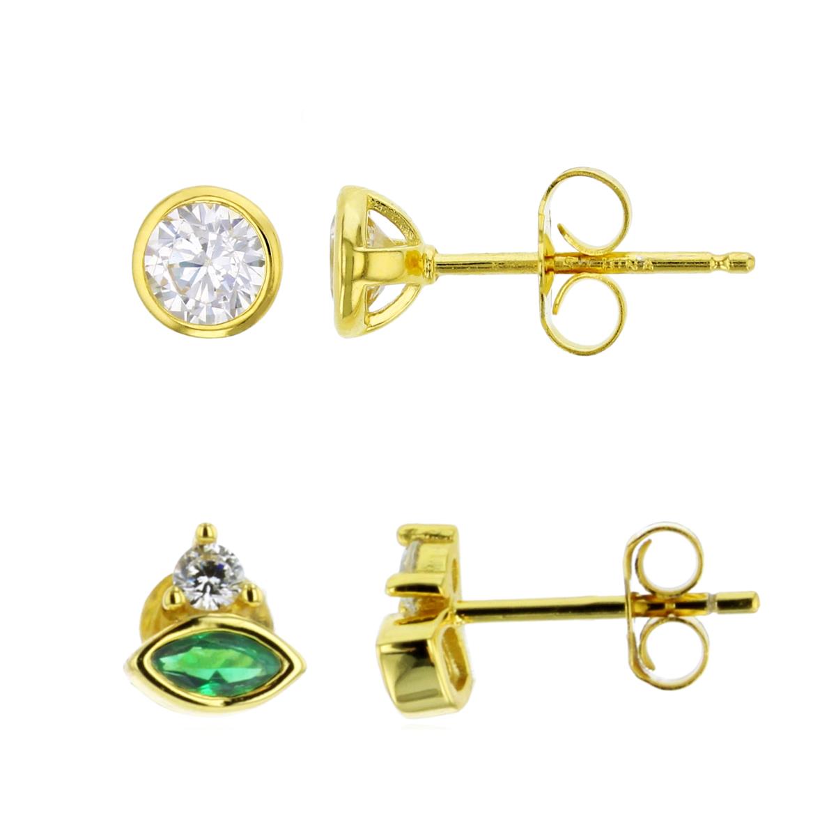 Sterling Silver Yellow Rnd White & MQ Green CZ & 3mm Rd Bezel CZ Stud Earring Set