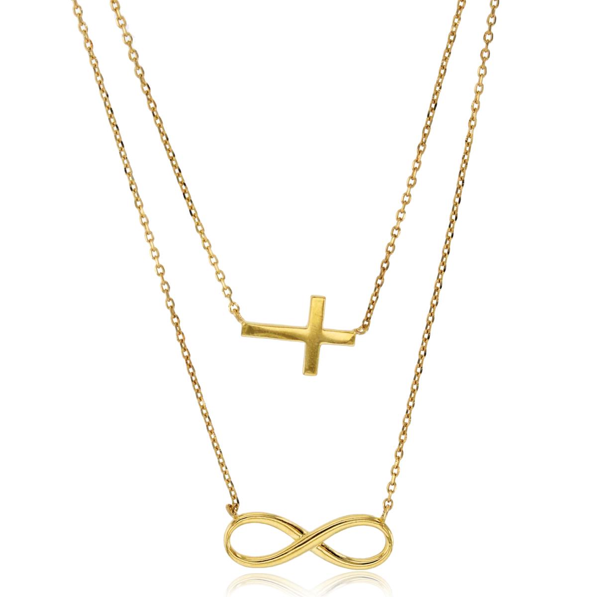 14K Yellow Gold Cross & Infinity 2-Layers 18"+2" Necklace