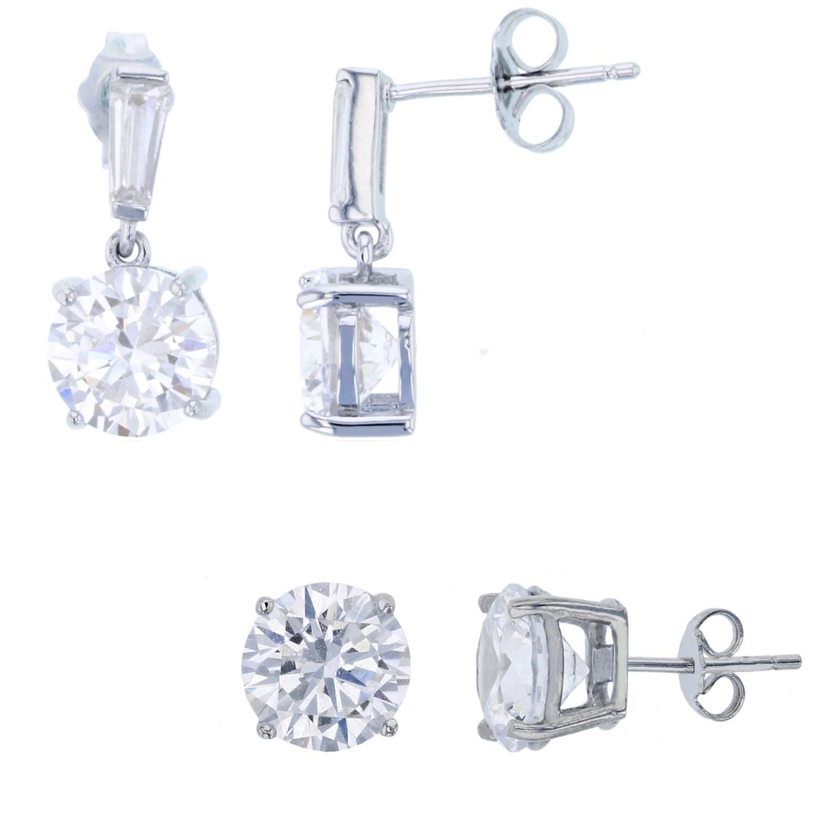 Sterling Silver Rhodium 8mm Rnd/TB White CZ Dngl & 8mm Round Solitaire Earring Set