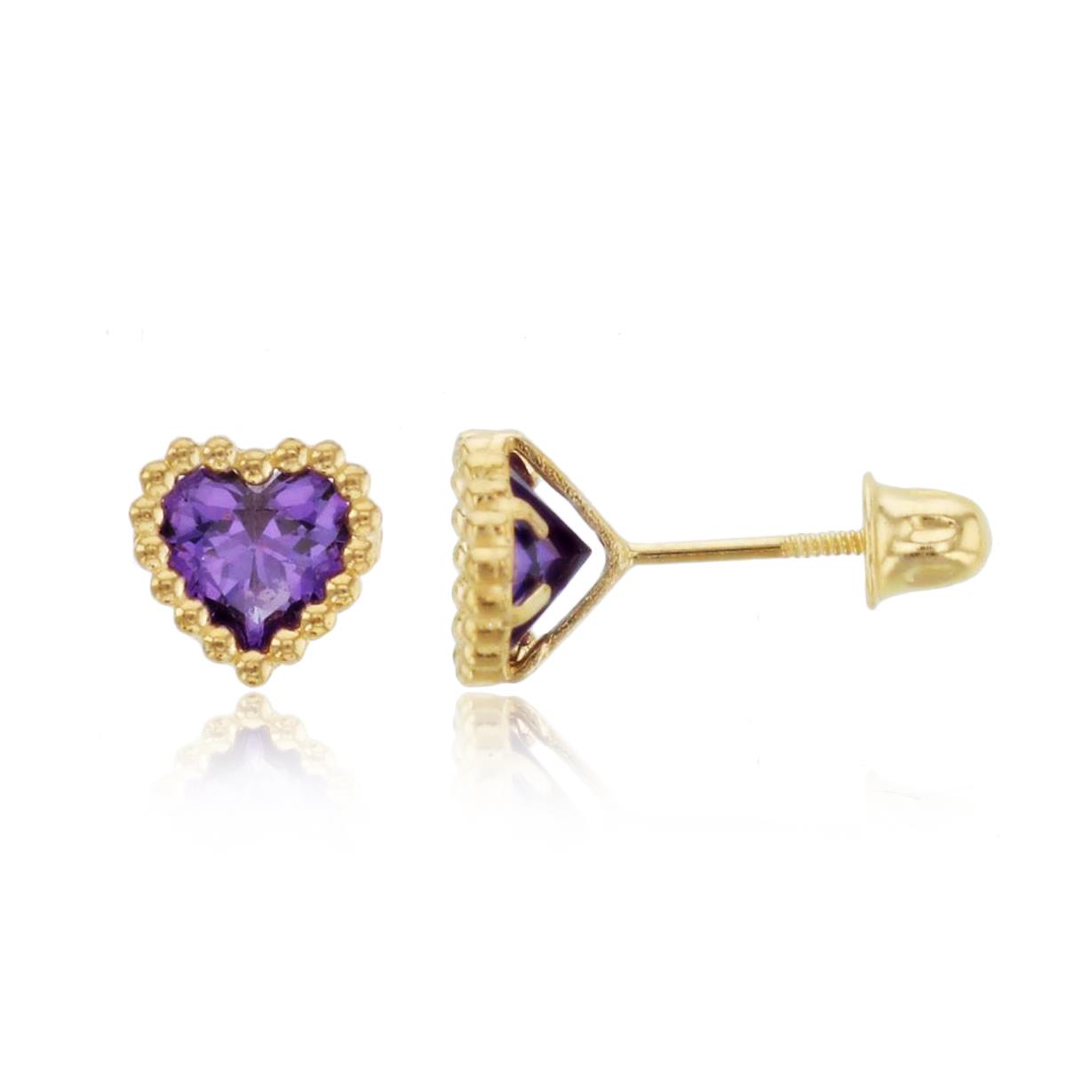 14K Yellow Gold 5mm HS Amethyst CZ Beaded Frame Studs with Screw Backs