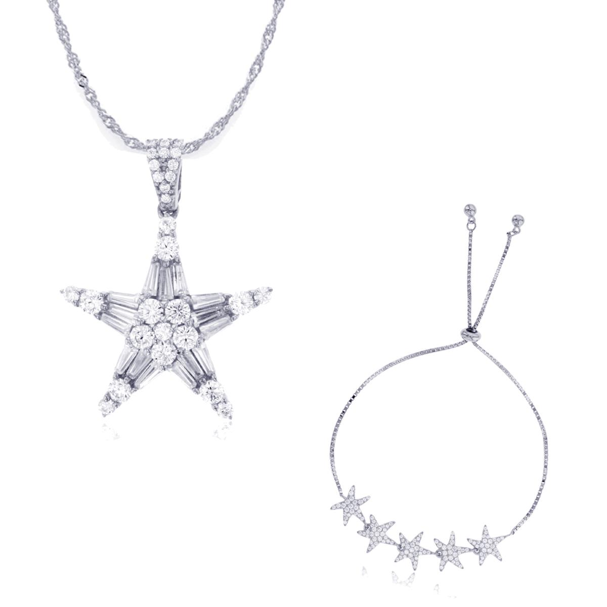 Sterling Silver Rhodium Rd & Bgt CZ Star 18"+2" Singapore Necklace & Adj Bracelet Set