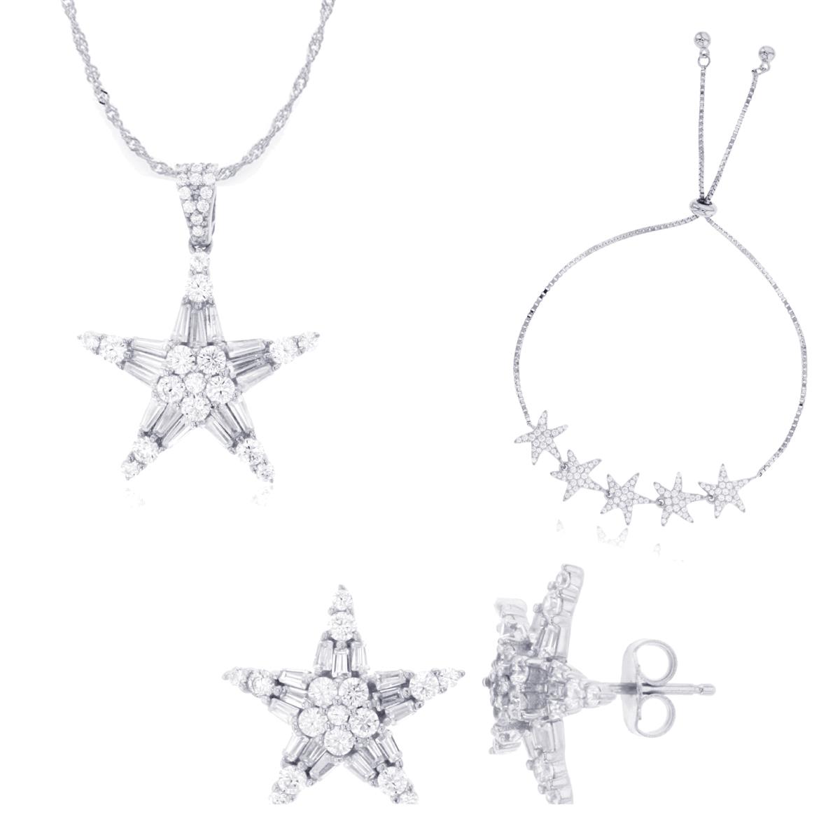 Sterling Silver Rhodium Rd & Bgt CZ Star 18"+2" Singapore Necklace & Adj Bracelet & Earring Set
