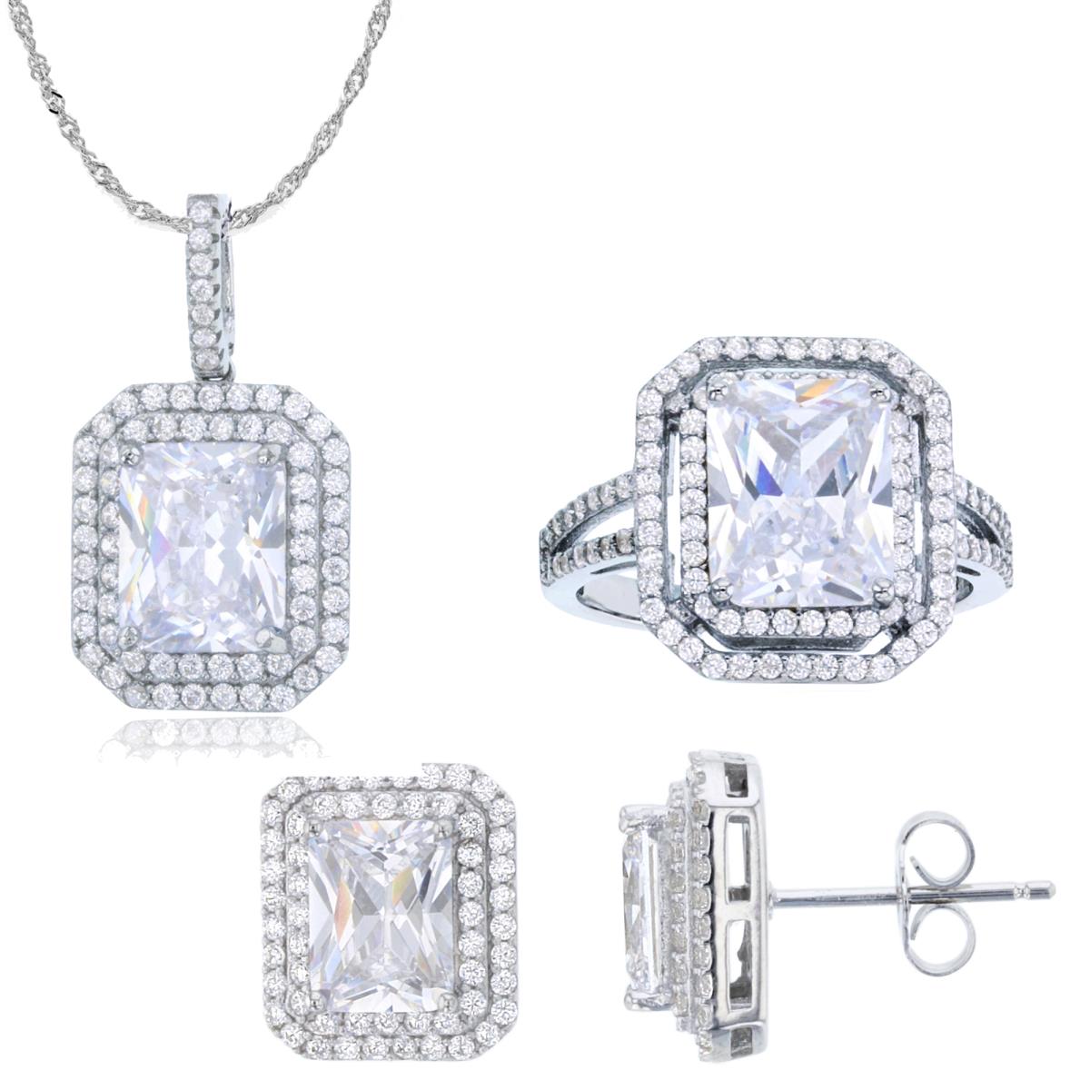 Sterling Silver Rhodium Emerald Cut & Rnd White CZ Dbl Halo 18"+2" Singapore Necklace & Earring & Ring Set