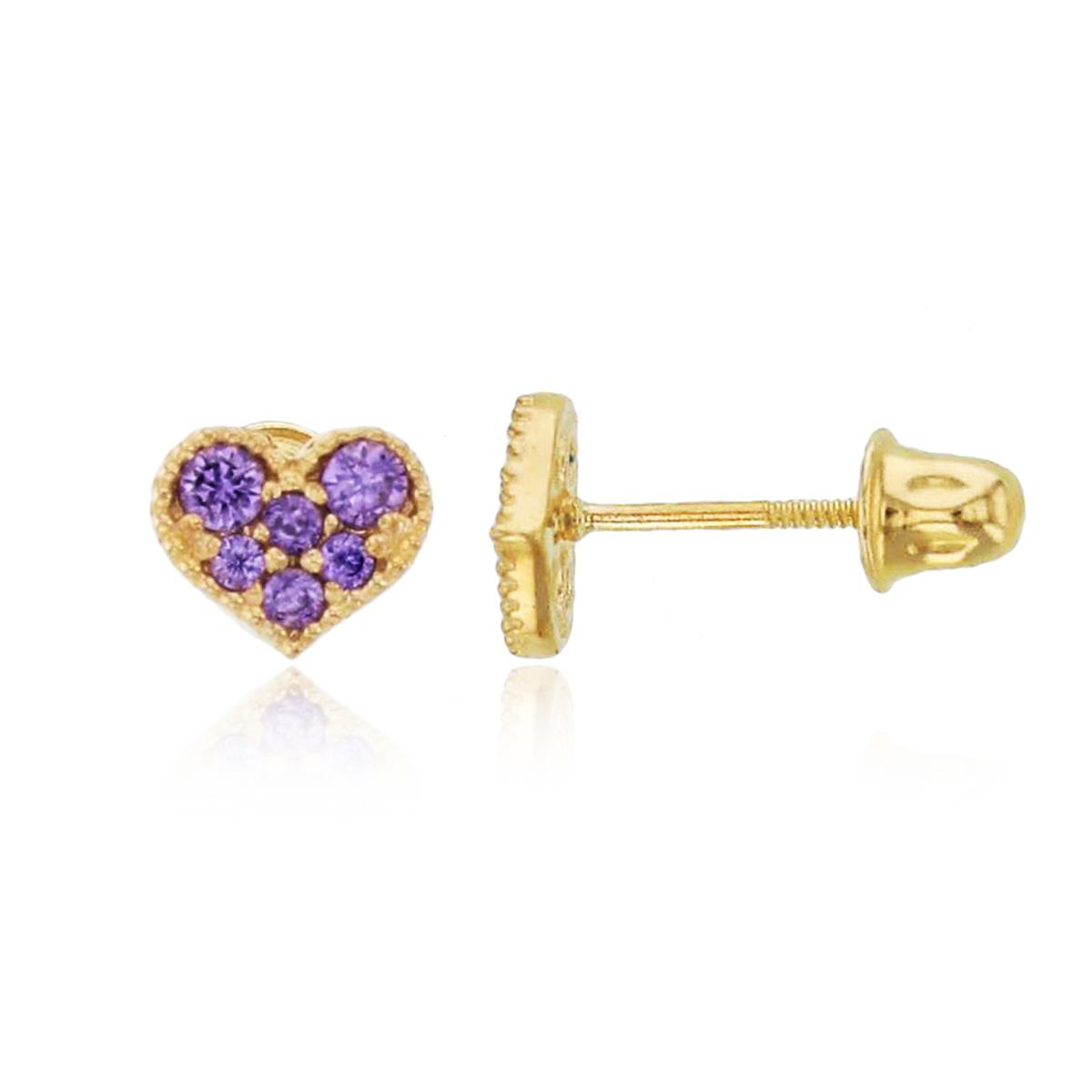 14K Yellow Gold Rnd Amethyst CZ Millgrain Heart Studs with Screw Backs