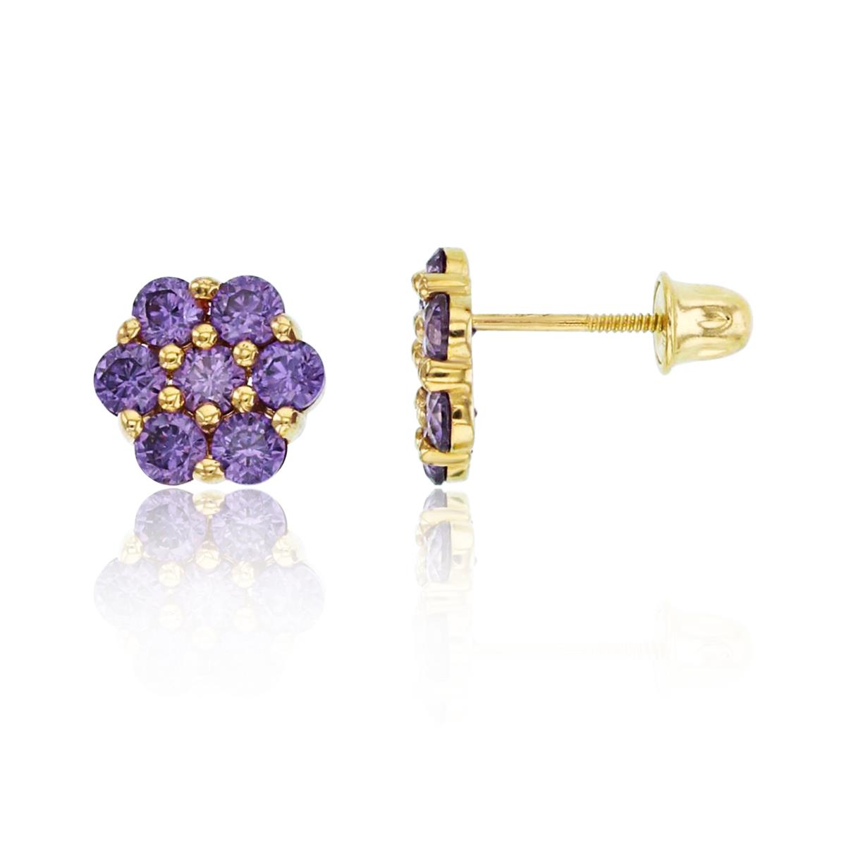 14K Yellow Gold Rnd Amethyst CZ Flower Studs with Screw Backs