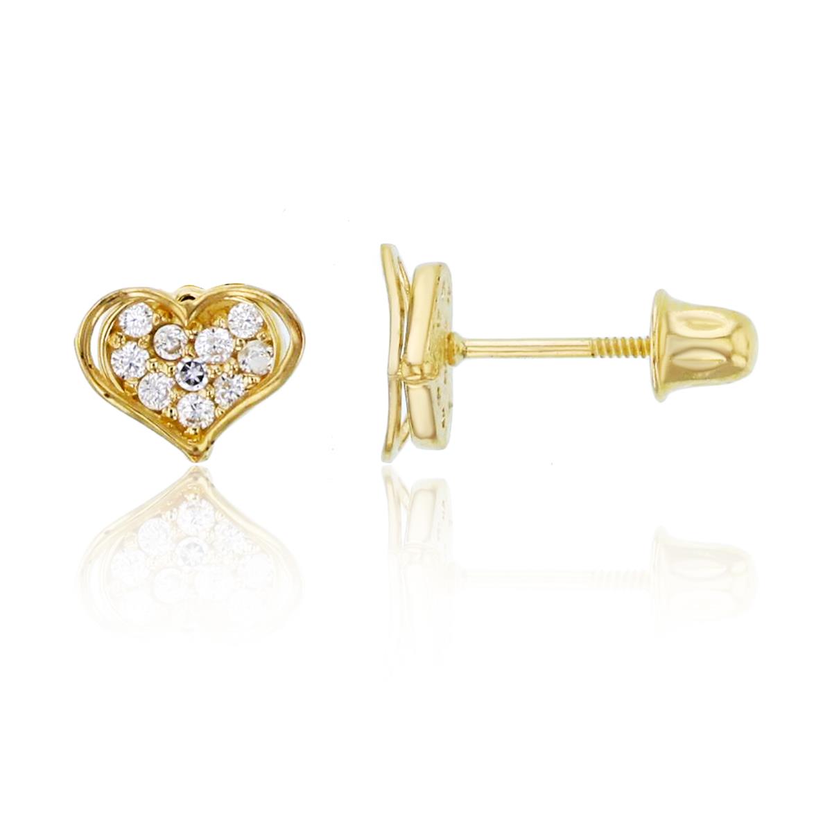 14K Yellow Gold Rnd White CZ Pave Heart Studs with Screw Backs