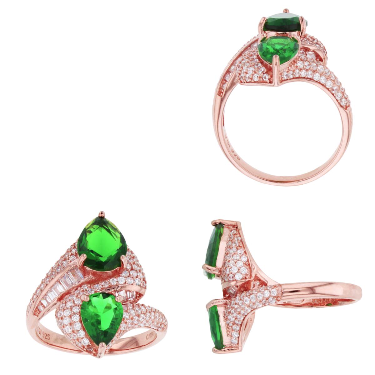 Sterling Silver 1Micron Rose Gold 9x6/8x5mm PS Emerald CZ & SB/Rnd White CZ Bypass Halo Ring