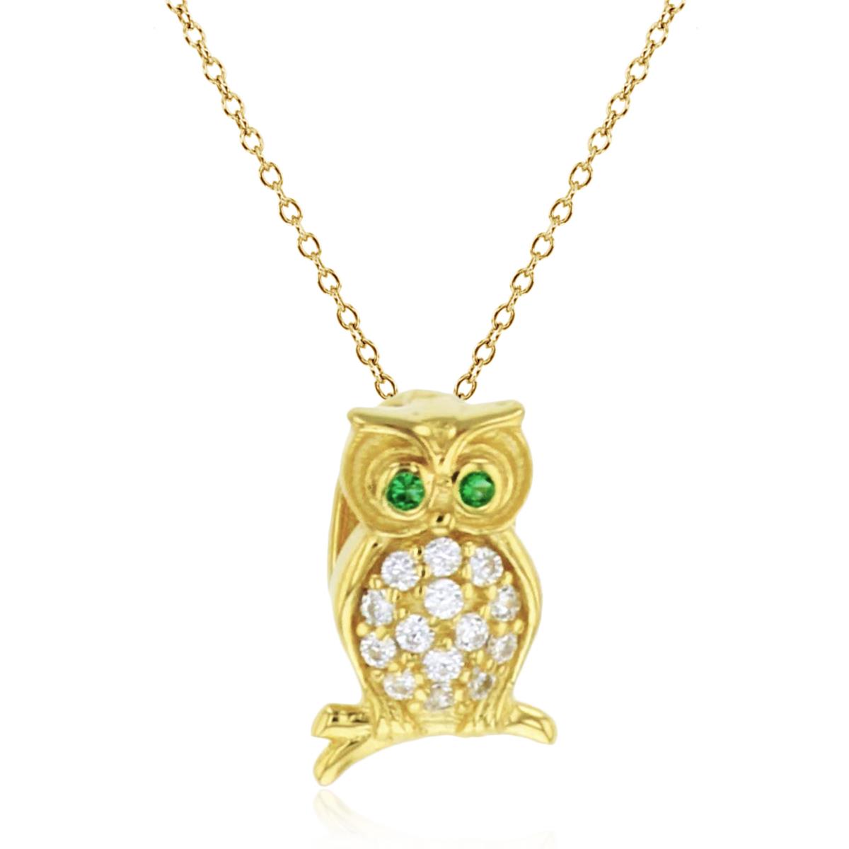 Sterling Silver 1Micron Yellow Gold Rnd White & Emerald CZ Owl18"Necklace