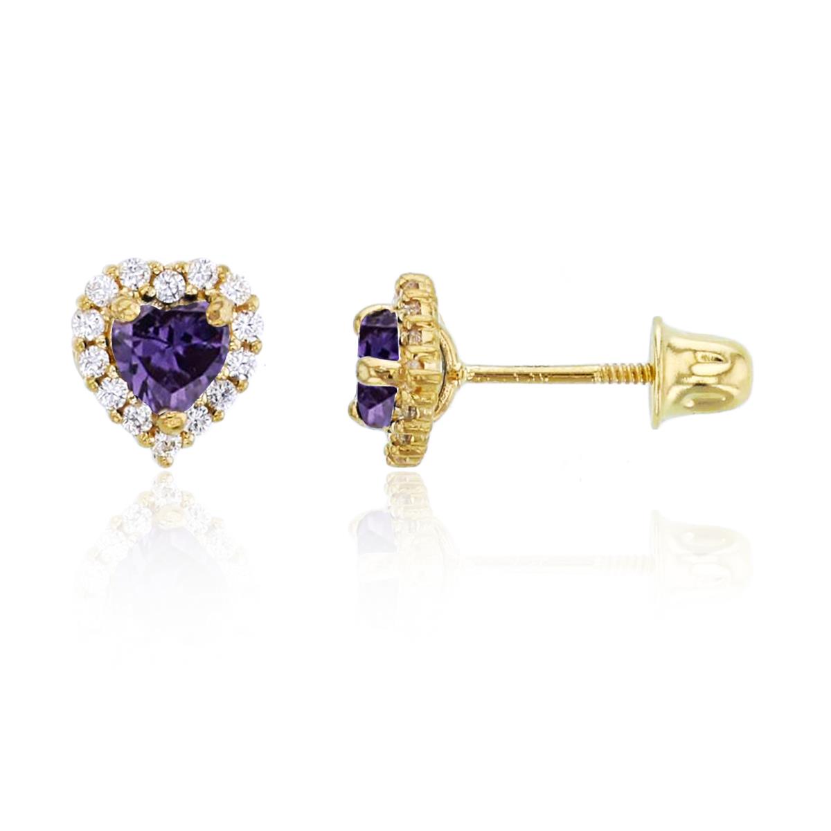 14K Yellow Gold 3.5mm HS Amethyst CZ & Rnd White CZ Halo Heart Studs with Screw Backs