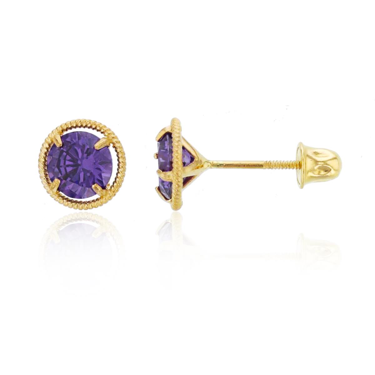 14K Yellow Gold 5mm Rnd Amethyst CZ Martini Rope Solitaire Studs with Screw Backs