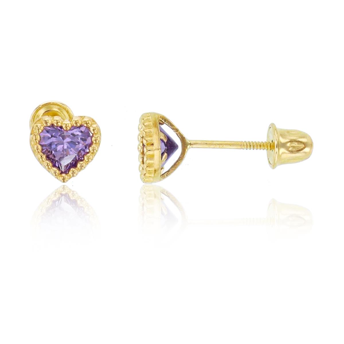 14K Yellow Gold 4mm HS Amethyst CZ Textured Bezel Heart Studs with Screw Backs