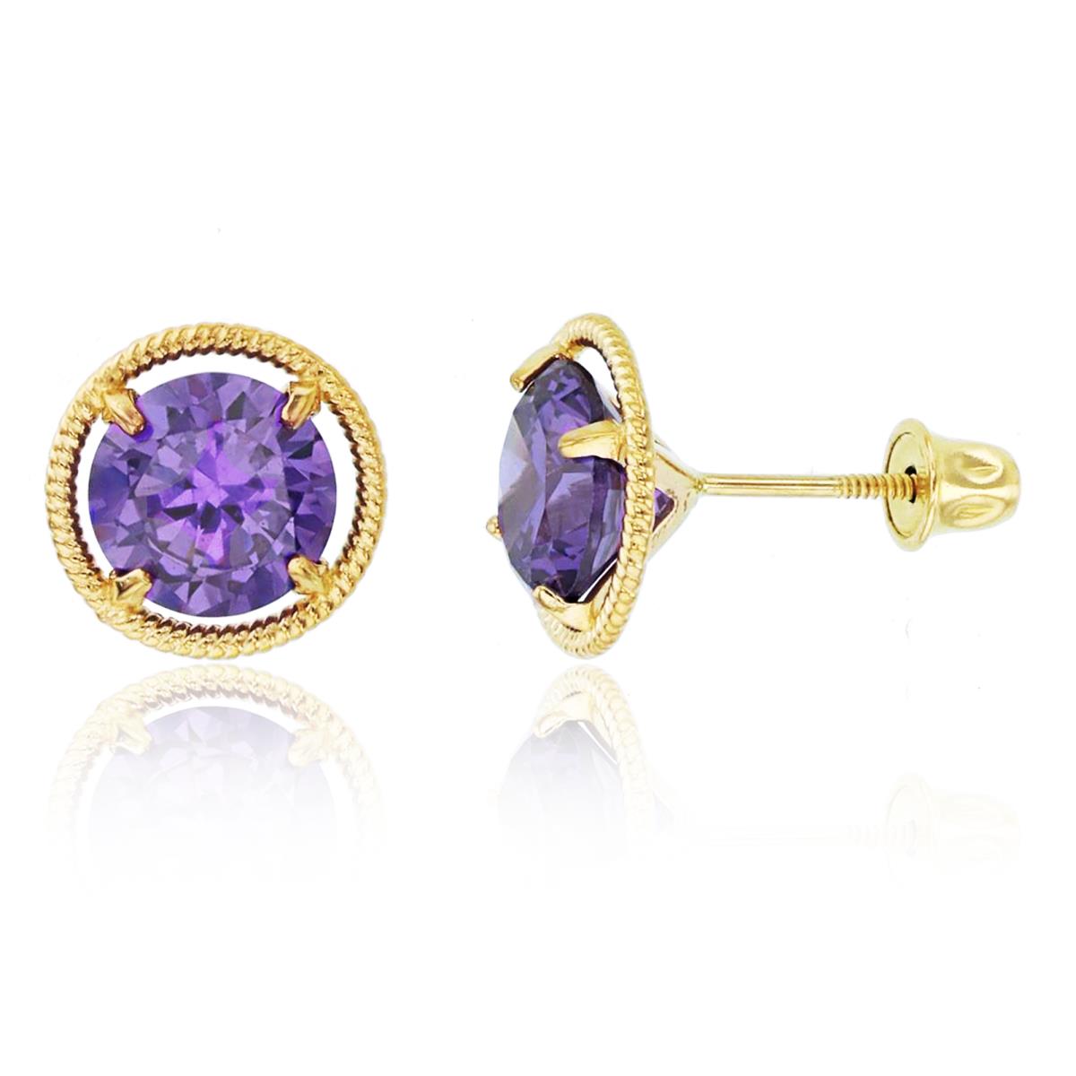 14K Yellow Gold 6.5mm Rnd Amethyst CZ Rope Martini Solitaire Studs with Screw Backs