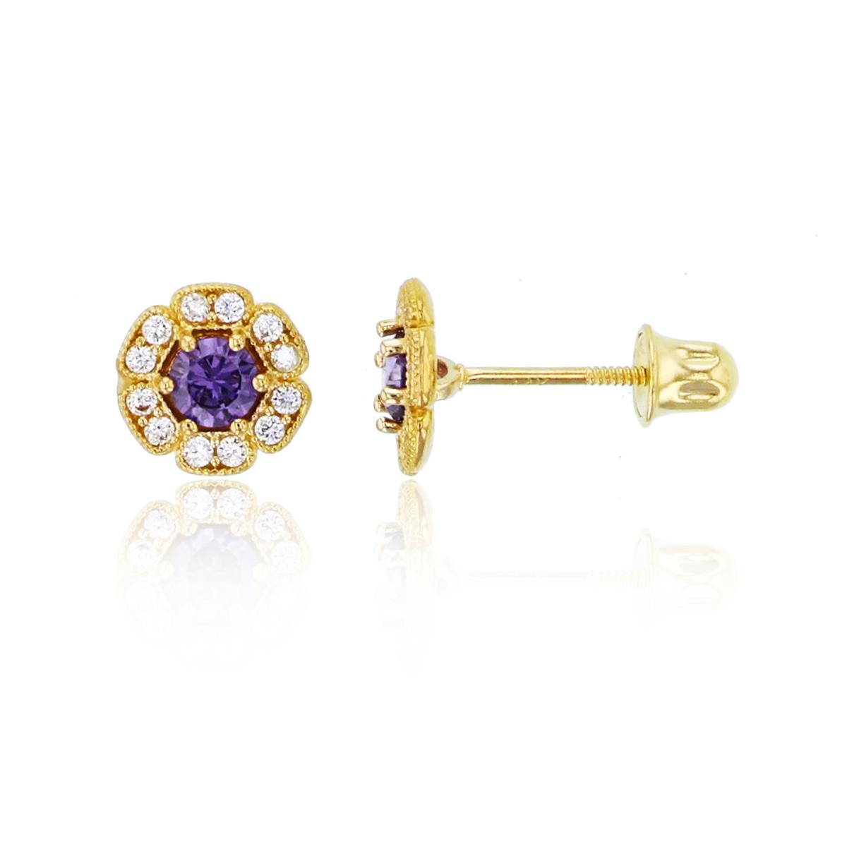 14K Yellow Gold 3mm Rnd Amethyst CZ & Rnd White CZ Milgrain Flower Studs with Screw Backs