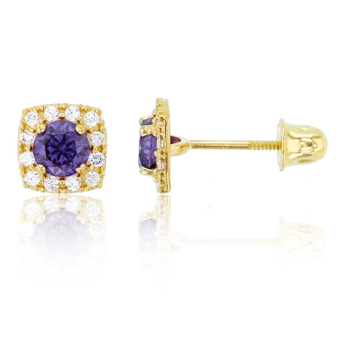 14K Yellow Gold 3.75mm Rnd Amethyst CZ & Rnd White CZ Cushion Halo Studs with Screw Backs