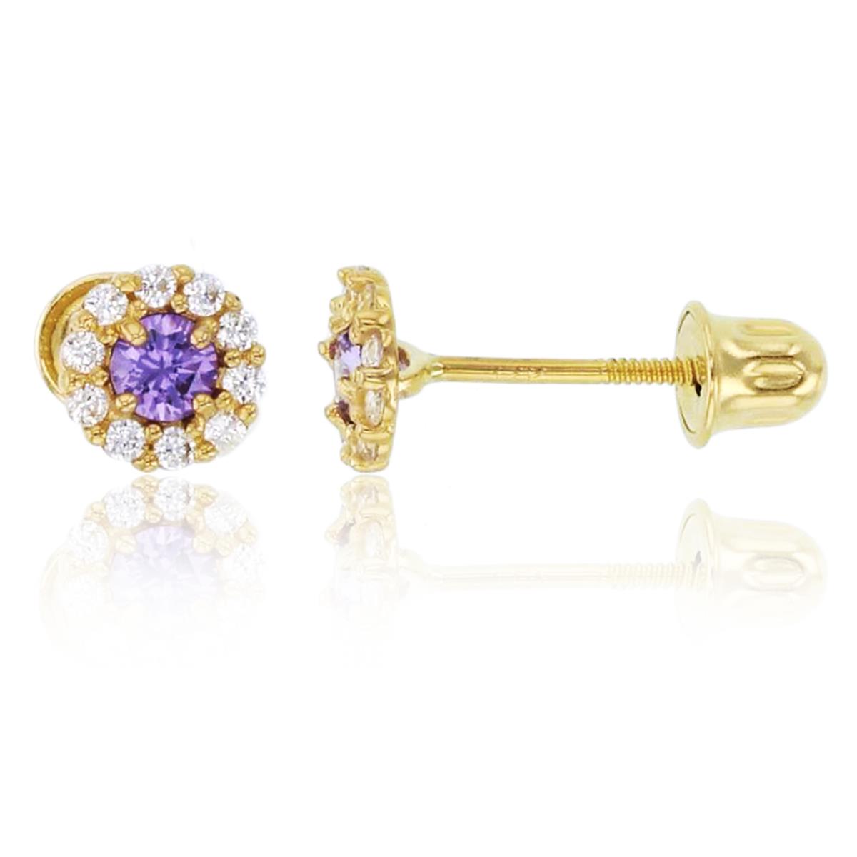 14K Yellow Gold Rnd White & Amethyst CZ Flower Studs with Screw Backs