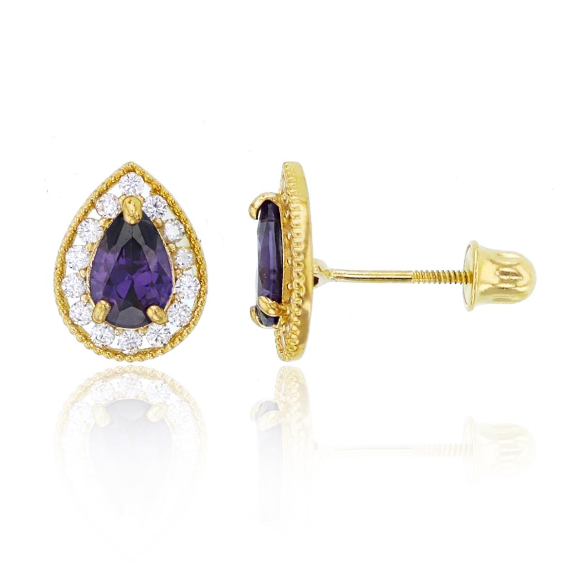 14K Yellow Gold 6x4mm PS Amethyst CZ & Rnd White CZ Milgrain Halo Studs with Screw Backs