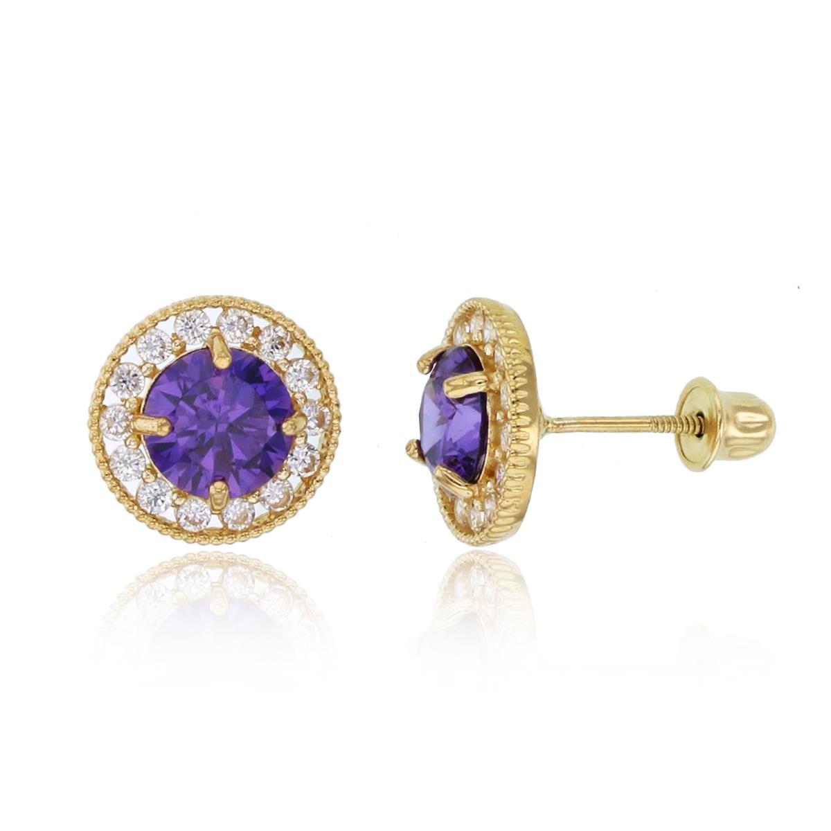 14K Yellow Gold 5.5mm Rnd Amethyst CZ & White CZ Milgrain Fancy Halo Studs with Screw Backs