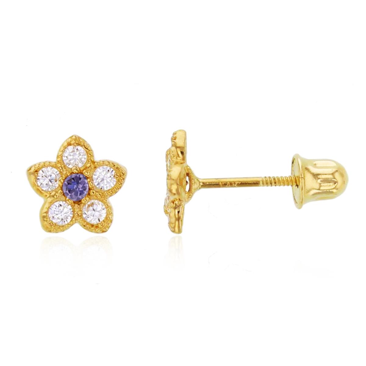 14K Yellow Gold Milgrain Amethyst & White CZ Flower Screwback Stud Earring
