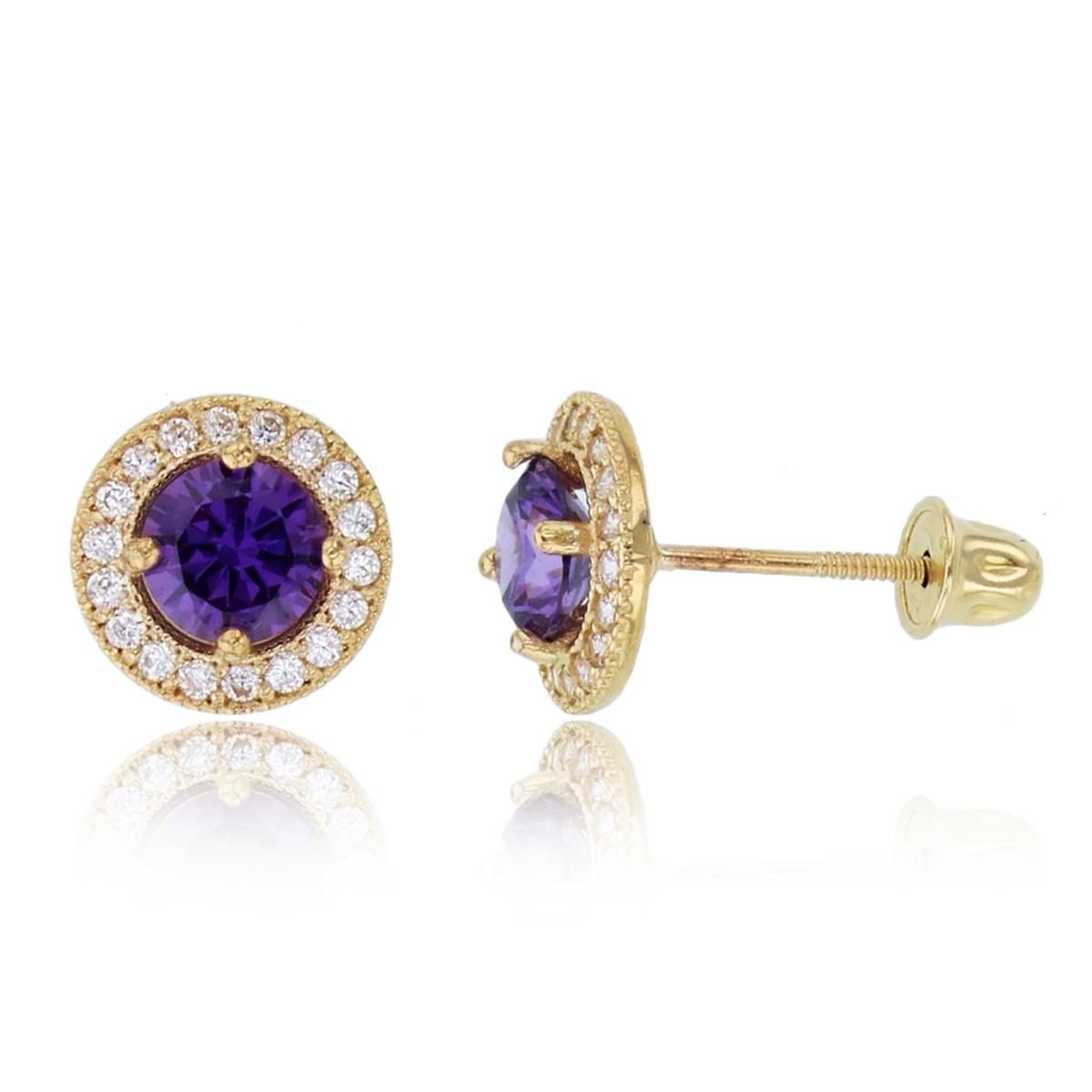 14K Yellow Gold 4.5mm Rnd Amethyst CZ & Rnd White CZ Milgrain Halo Studs with Screw Backs