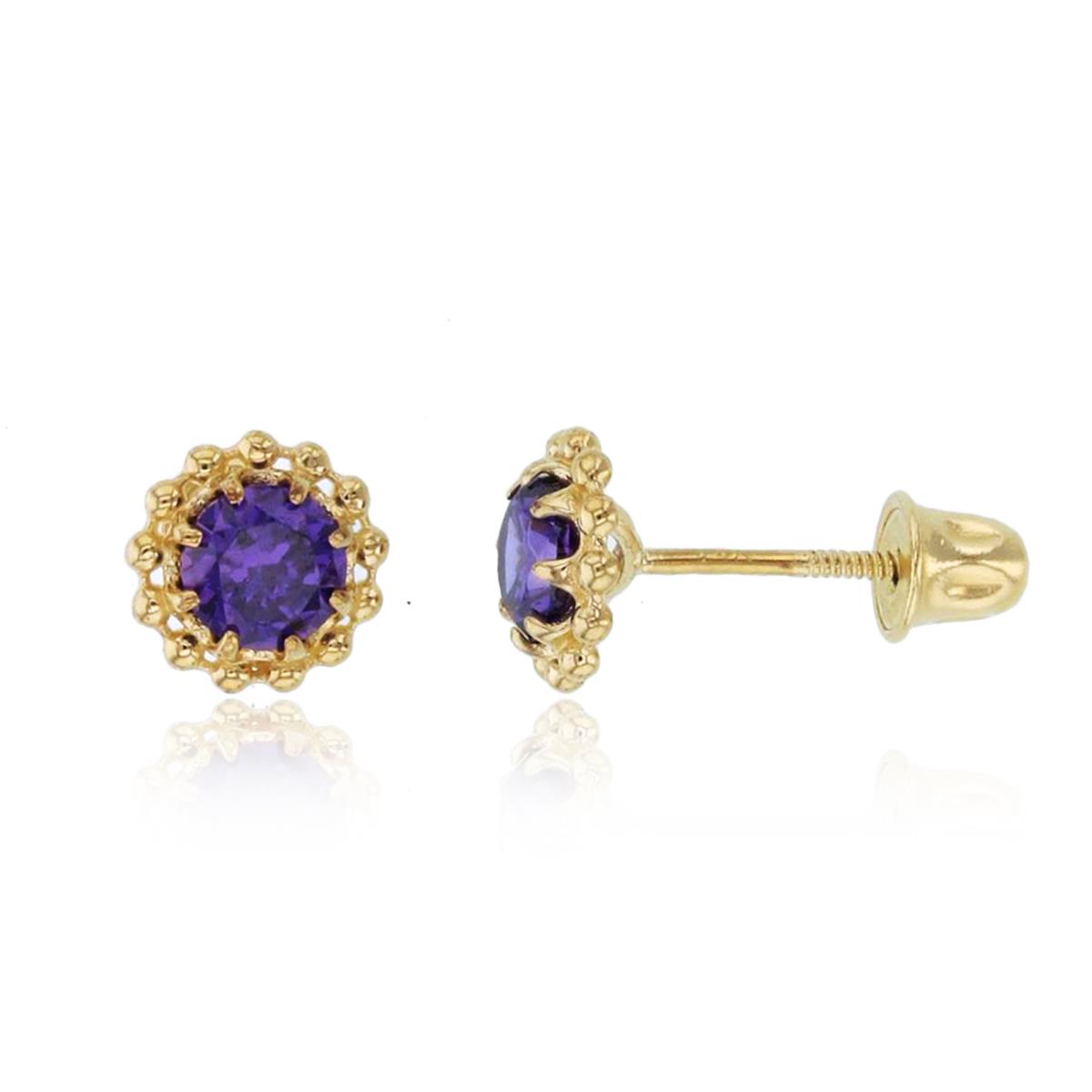 14K Yellow Gold Rnd Amethyst CZ Textured Halo Studs with Screw Backs