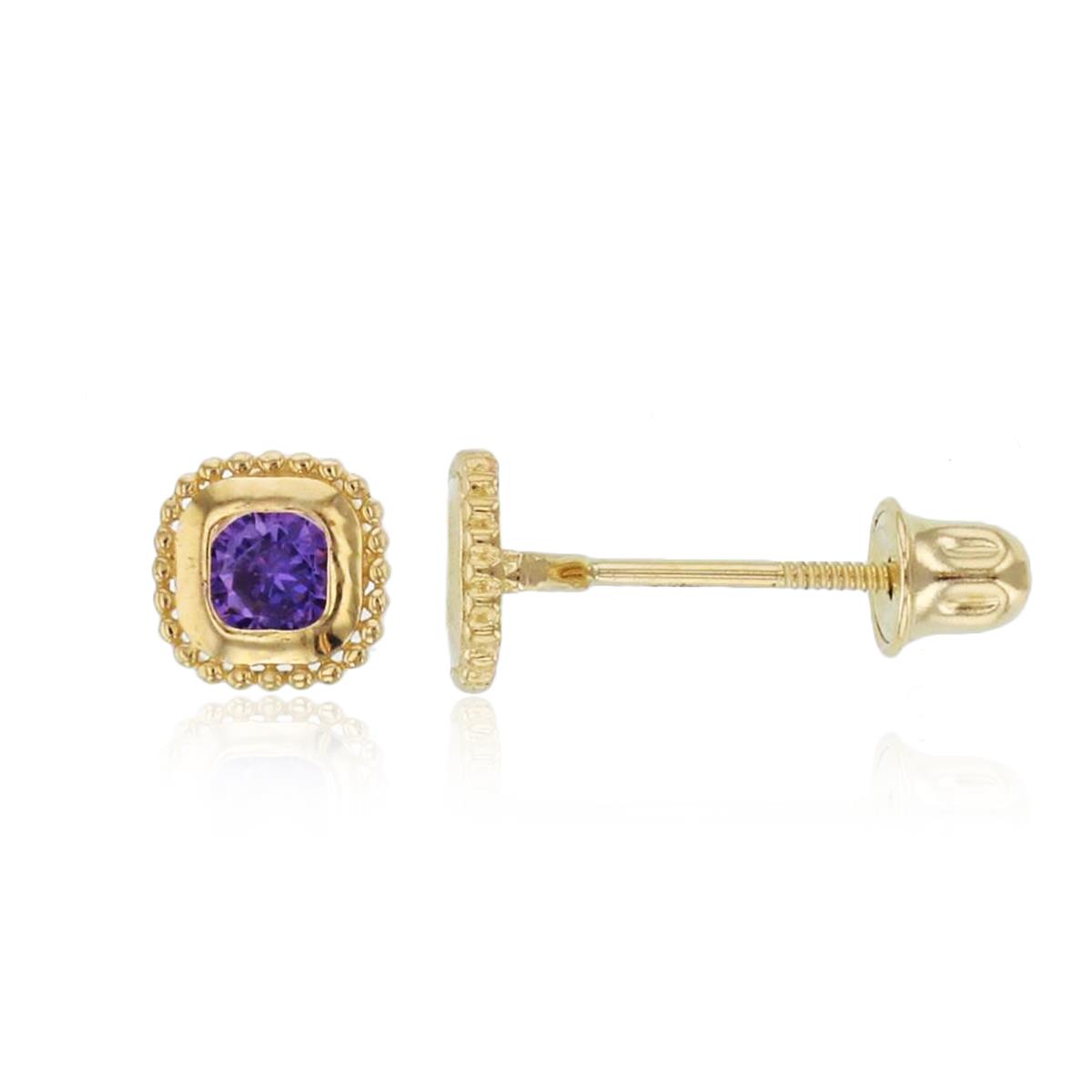 14K Yellow Gold 3mm Rnd Amethyst CZ Bezel Milgrain Cushion Studs with Screw Backs