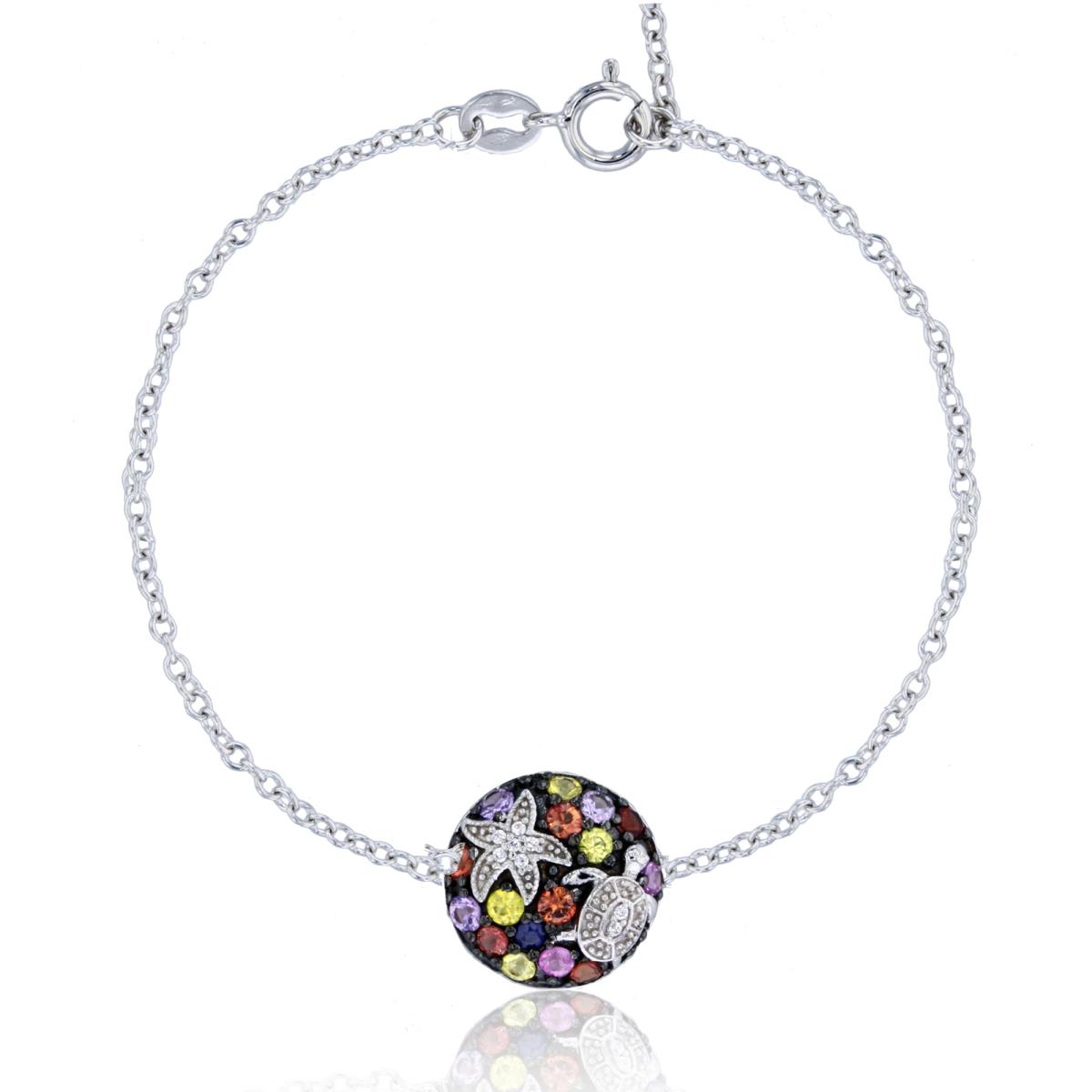 14K White Gold 0.024 Cttw Rnd Diamonds & Rnd Multicolor Sapphire Circle on Chain Bracelet
