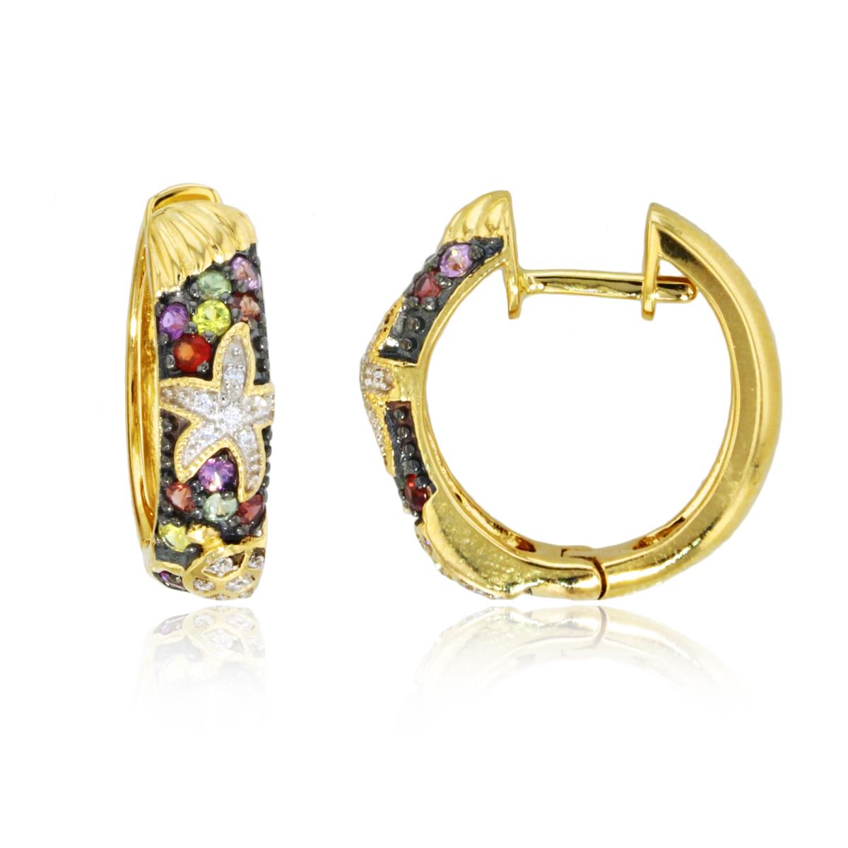14K Yellow Gold 0.08 Cttw Rnd Diamonds & Rnd Multicolor Sapphire 20X5mm Huggie Earring