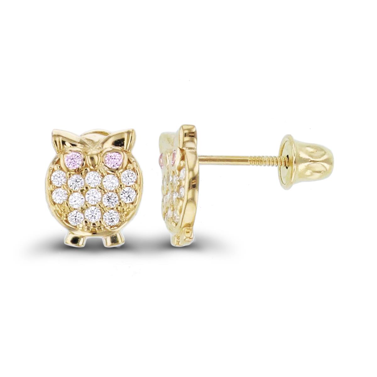 14K Yellow Gold Rnd Pink & White CZ Pave Owl Studs with Screw Backs