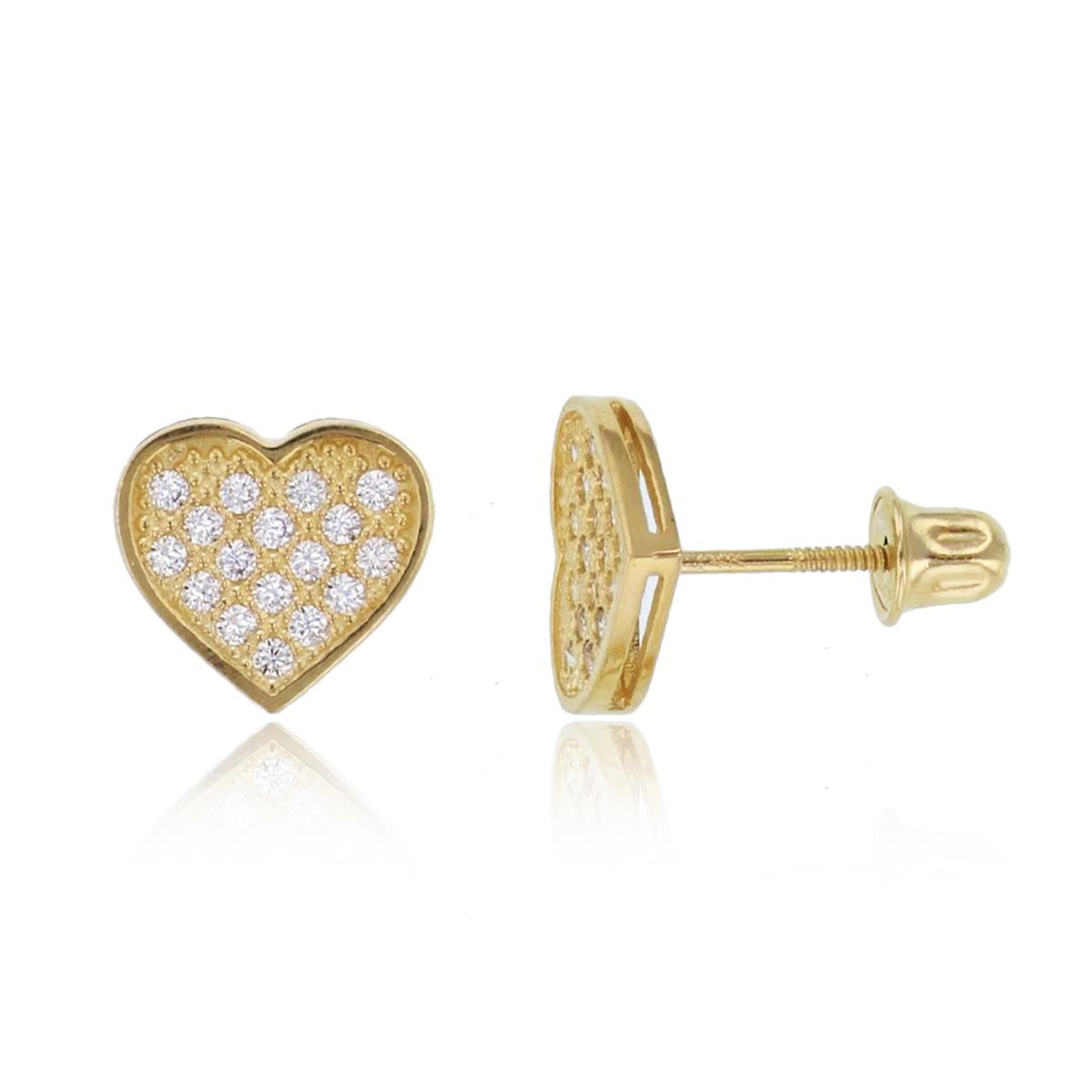 14K Yellow Gold Rnd CZ Micropave Heart Studs with Screw Backs