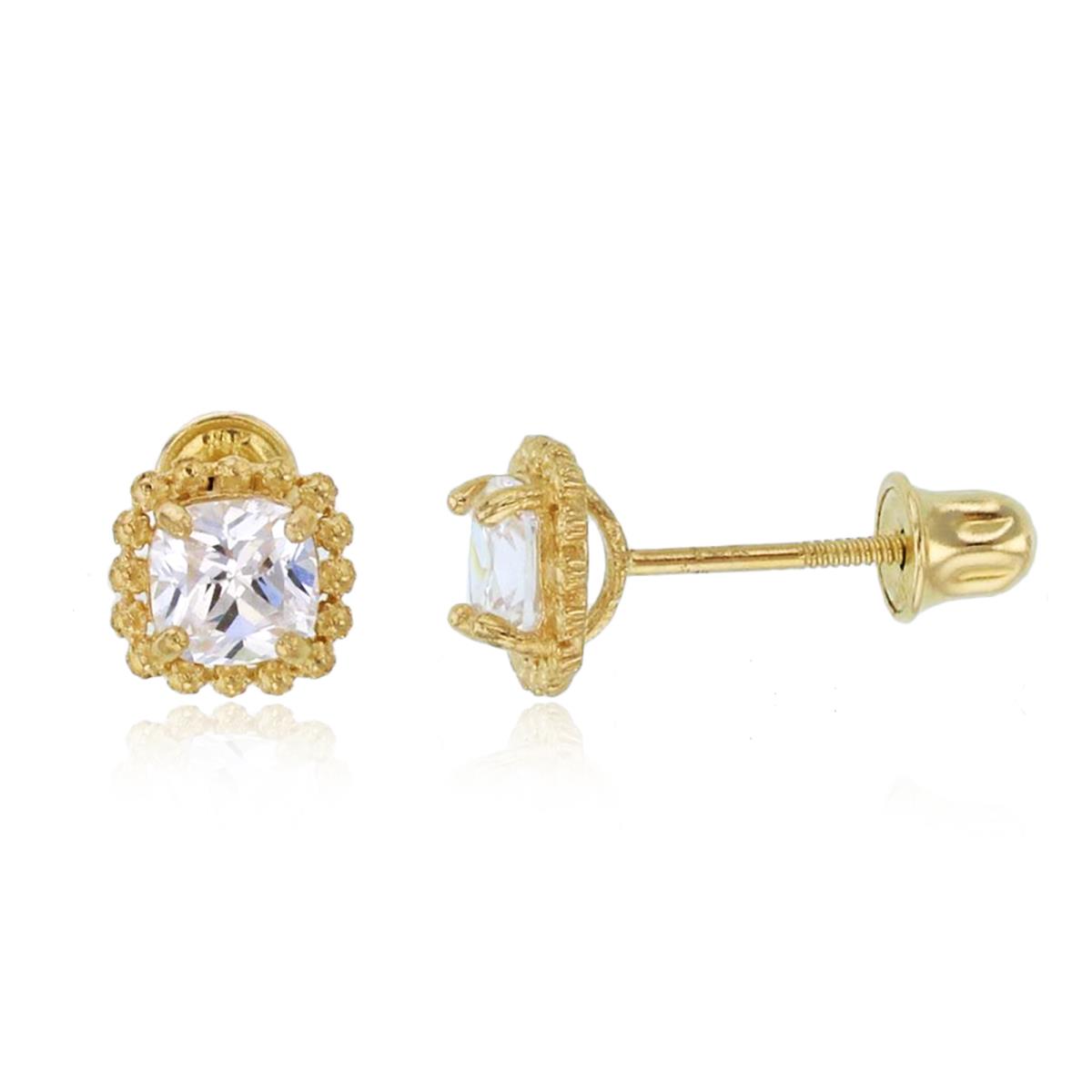 14K Yellow Gold 4mm Cushion CZ Textured Studs with Screw Backs