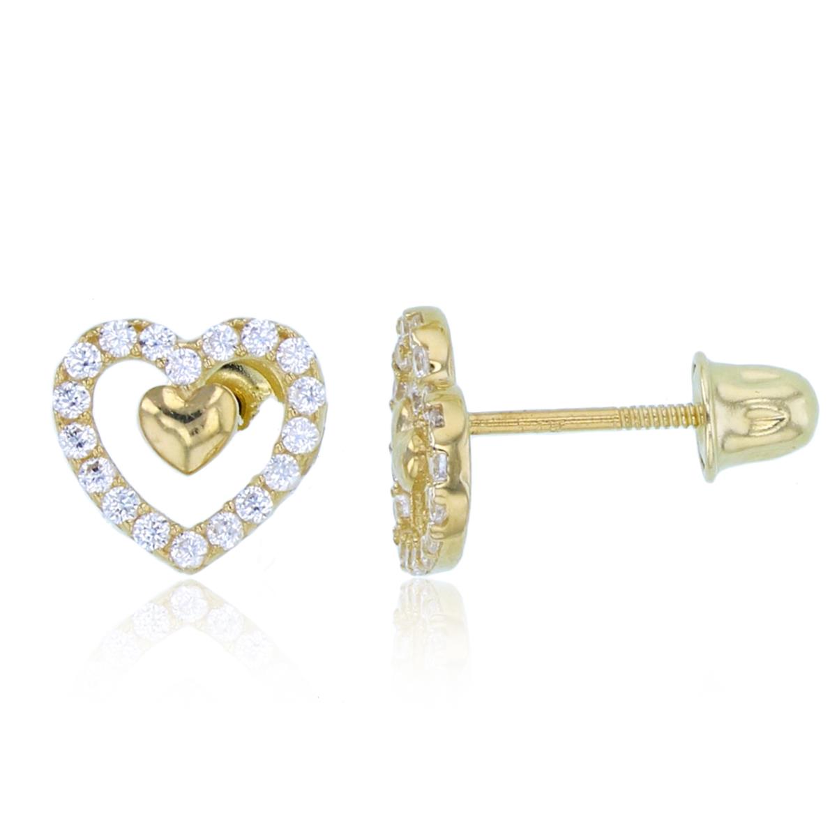 14K Yellow Gold Rnd CZ Open Heart Studs with Screw Backs