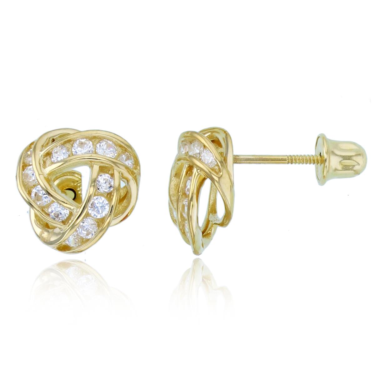 14K Yellow Gold Rnd CZ Channel Love Knot Studs with Screw Backs