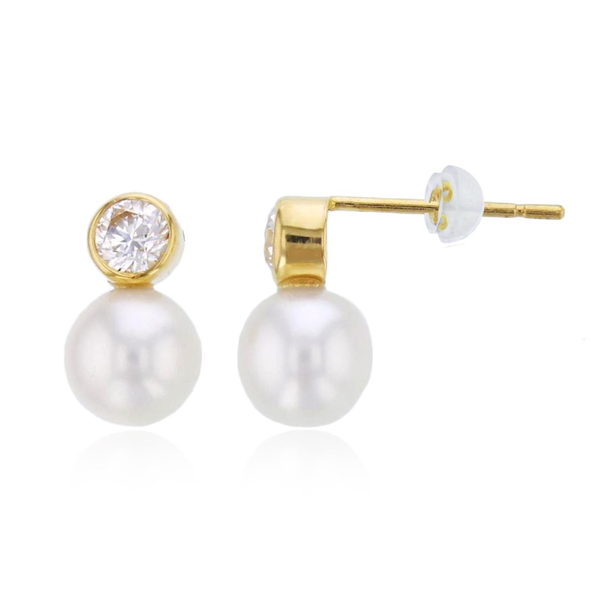 14K Yellow Gold Rnd Bezel CZ & 5mm Fresh Water Pearl Studs with Silicon Backs